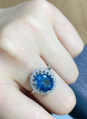 蓝宝石戒指女款活圈925纯银女戒镀18K白金钻戒托帕石