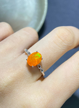 绚丽火欧泊戒指，晶体干净，冬日暖阳主石7*9mmS925银精工镶嵌