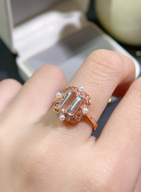 巴西天然樱花粉摩根石戒指s925银镀18K金镶嵌天然摩根石 可鉴定