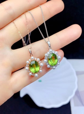 新款高贵超闪大颗粒8*10天然橄榄石吊坠项链S925纯银镀金镶嵌绝美