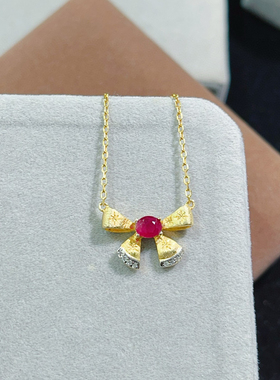 红宝石蝴蝶结天然鸽血红红宝石项链纯手工拉丝甜美原创设计闺蜜礼