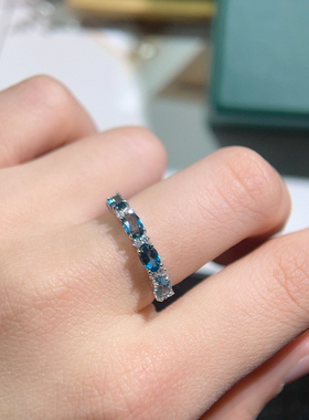 天然托拍石戒指高净度满火彩5A蓝3*5mms925银精工镶嵌伦敦蓝