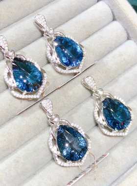 纯天然伦敦蓝蓝托帕石吊坠！颜色超深的伦敦蓝，全净体，火彩超赞