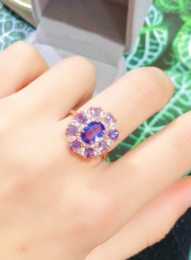S925纯银蓝宝石戒指女坦桑色蓝宝石指环活口女戒宝石饰品首饰戒指