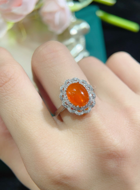 绚丽火欧泊戒指色彩明亮8*10mmS925银精工镶嵌 开口可调节