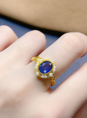 2024新款时尚女性金色镶嵌蓝宝石珍珠戒指简约风格百搭戒指