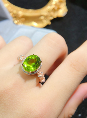 s925银饰戒指橄榄石椭圆形9*11mm时尚简约清新百搭镶嵌