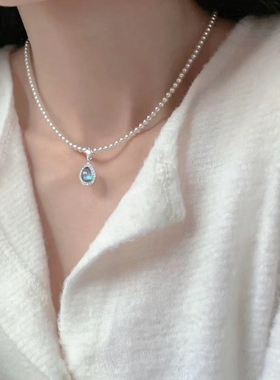 高级感锁骨链2024施家珍珠搭配海蓝宝锆石项链质感超好量多优惠
