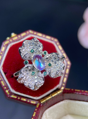 天然月光石戒指精品蓝月光玻璃体微棉颗颗强蓝光活口925银精工镶