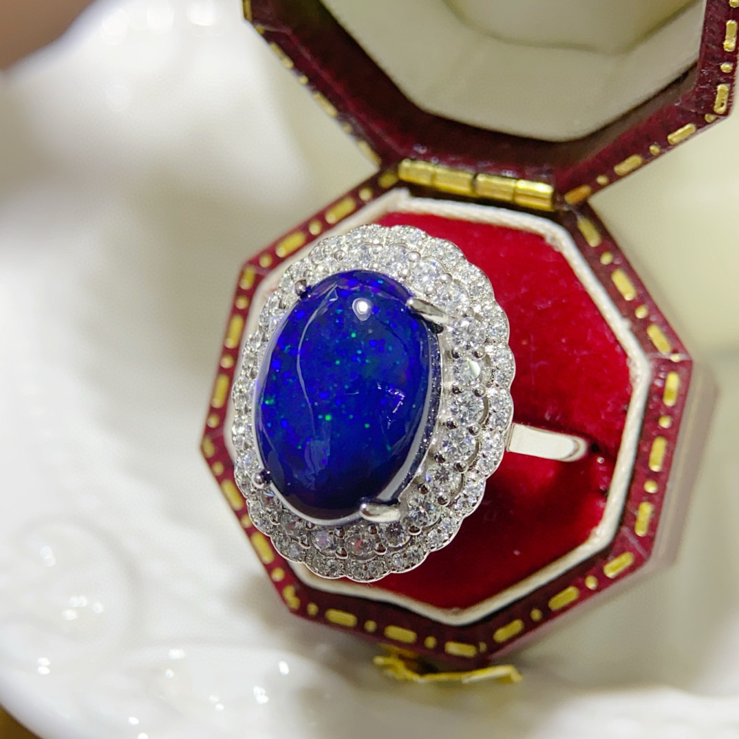 限量定制!迷魅黑欧泊!精工!通体纯银法式轻奢戒指超大颗粒质感