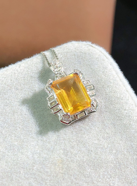 925纯银项链天然黄水晶吊坠女ins简约气质水滴形宝石锁骨链带证书