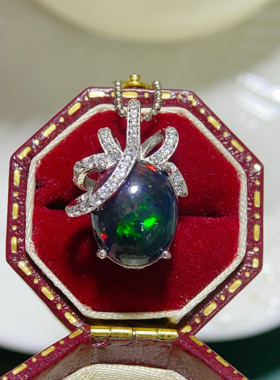 新款天然黑绿欧泊石吊坠925银精工镶嵌开口泰银吊坠纯银男女同款