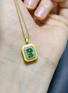 s925银镀金镶嵌天然沙弗来吊坠项链锁骨链时尚百搭女款