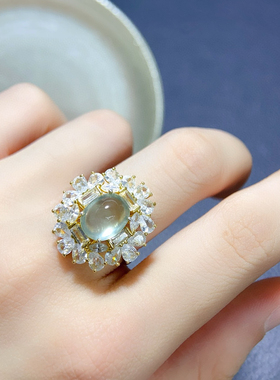 银镶天然葡萄石戒指 石尺寸8*10MM开口可调节戒指