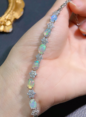 纯天然欧泊手链 晶体干净满满的火彩主石5*7mm