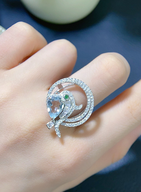 天然海蓝宝戒指主石约7*9mms925银镶嵌  保色不掉色