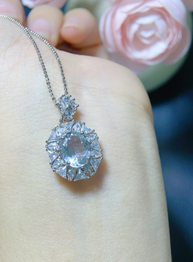 天然海蓝宝吊坠晶体干净主石约8*10mms925银镶嵌 精工电镀工艺