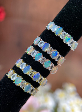 澳洲欧泊石女戒流行排戒火彩超棒复古是s925纯银镀18k金镶嵌活口