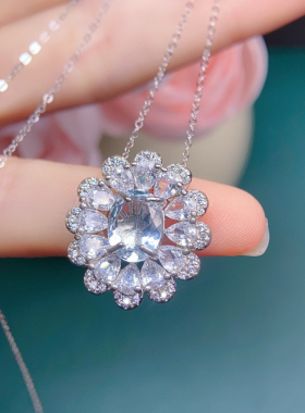 花朵项链满钻花瓣S925纯银电镀不掉色气质优雅超闪海蓝宝大气