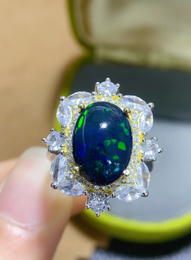 活圈 s925银镀白金大颗粒澳洲黑欧泊戒指 女朋友圈礼物超美