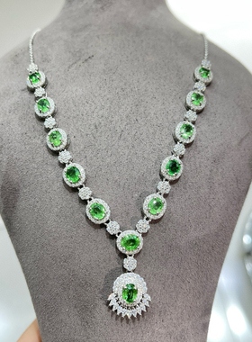 银项链沙弗来锁骨链链牌天然沙弗莱项链 主石5*6mm925银镀