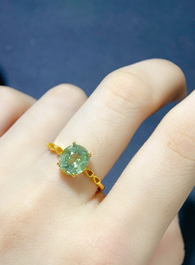 s925纯银镶嵌天然碧玺戒指绿碧玺时尚简约清新百搭活口戒托女