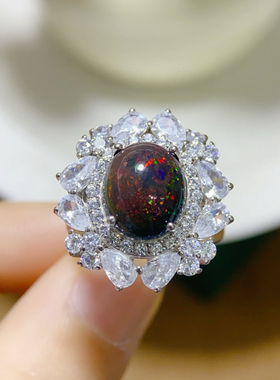 新款上新天然炫彩黑欧泊戒指满火彩9*11mm 925纯银精工镶嵌