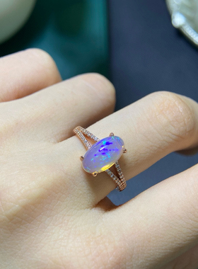 s925纯银设计天然欧泊戒指满火彩颜色靓丽s925纯银精镶