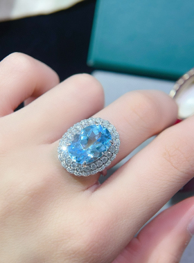 大克拉天然托帕石戒指S925纯银鸽子蛋戒指豪华蓝色宝石开口戒指