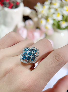 托帕石通体S925纯银天然彩宝托帕石蓝活口可调节戒指礼物3*4m