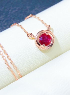 五月新 4MM天然红宝石项链银镀18K金女精致时尚 彩宝锁骨链