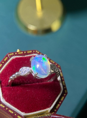 纯天然超美欧泊戒指 手工精心选料晶体好925银精工镶嵌，主石7*9