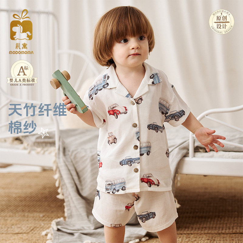纱纱彩绘modomoma男童套装薄款儿童卡通衬衫短裤两件套家居报夏装,童装/婴儿装/亲子装,套装,淘宝优惠券,粉丝福利购,淘宝优惠卷