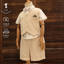 modomoma夏季男童绅士西装领结套装洋气马甲三件套周岁礼服