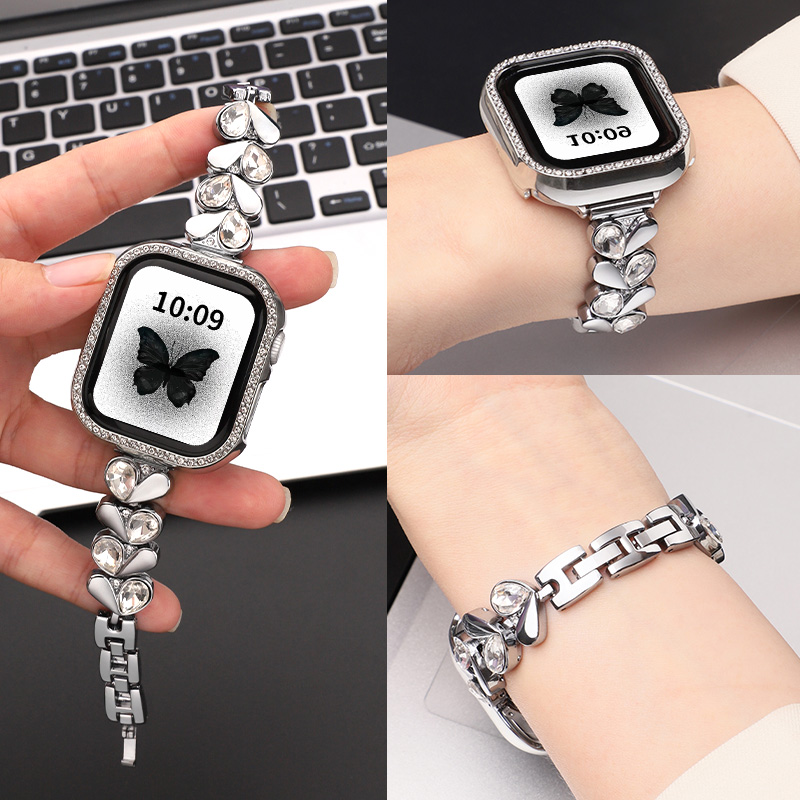 适用iwatch10表带applewatchS9/8/7爱心施华洛皓石金属手链苹果智能手表6/5/4/3轻奢时尚Ultra小众Se女款腕带