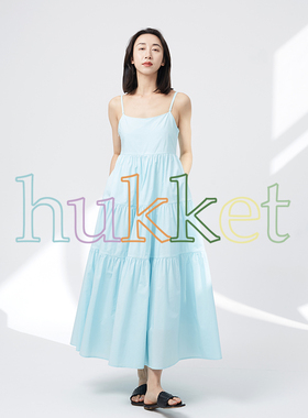 【现货】hukket24春夏60支澳洲棉大摆裙四层抽褶吊带连衣裙蝴蝶结