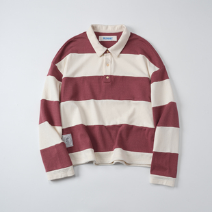 hukket维雅尔毛巾肌理polo领拼色长袖 T恤