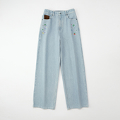 hukket2025秋季 土耳其进口面料浅蓝色水洗牛仔裤 刺绣阔腿舒适