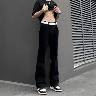 美式cleanfit微喇牛仔裤男士小众百搭黑色显高弹力修身弯刀牛仔裤