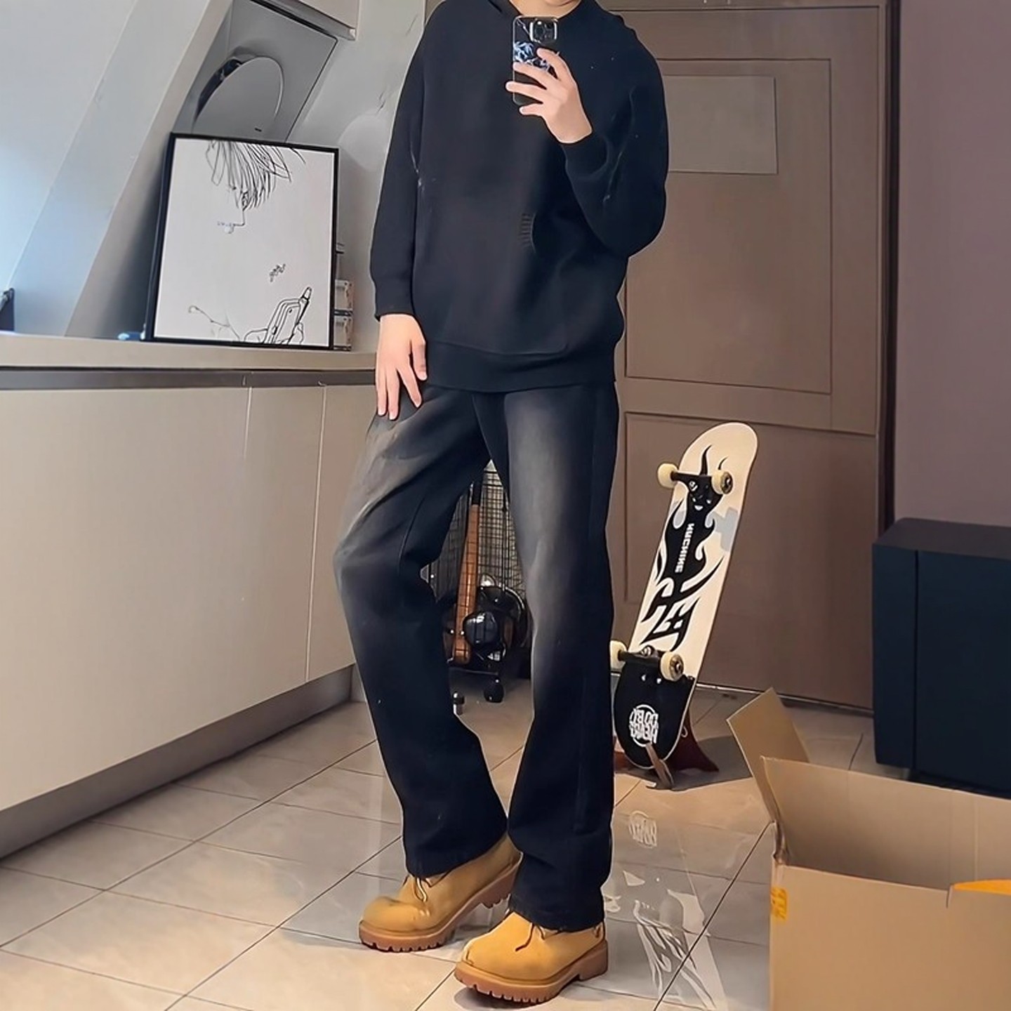 黑色渐变牛仔裤男款秋季美式复古vibe裤子潮牌痞帅直筒弯刀微喇裤