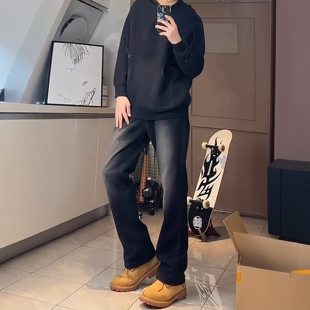 黑色渐变牛仔裤男款秋季美式复古vibe裤子潮牌痞帅直筒弯刀微喇裤