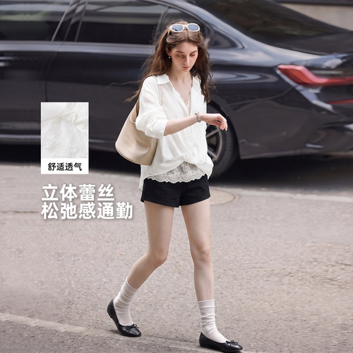 MZUC春夏新款白色蕾丝翻领长袖衬衫女天丝亚麻法式上衣防晒透气