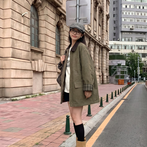 MZUC韩式工装风军绿色翻领风衣女中长款宽松撞色拼接外套