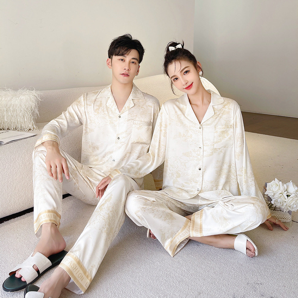 2024春夏季新款冰丝情侣睡衣米黄水墨韩版家居服套装