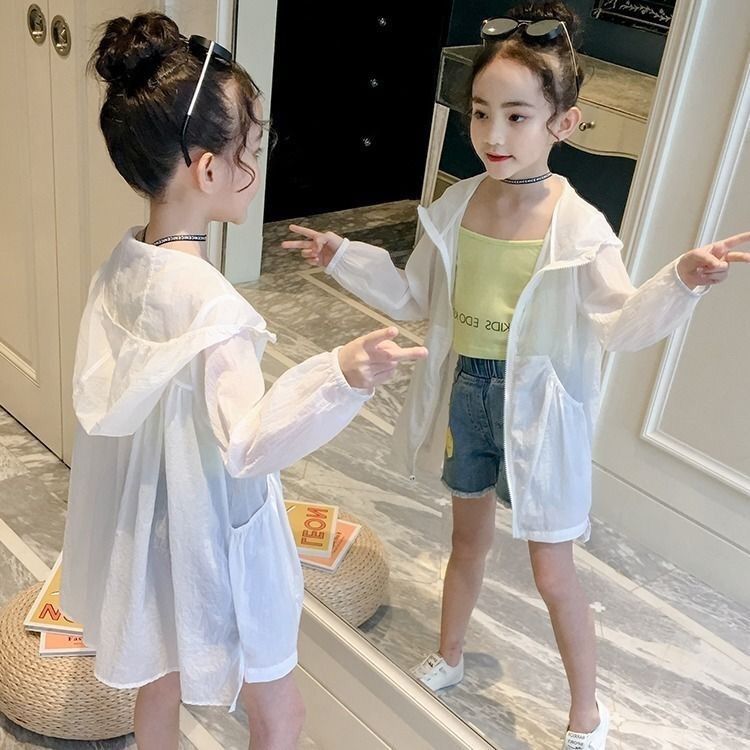 童装女童防晒儿童风衣夏装新款超薄韩版纯色长款中大童连帽防晒服