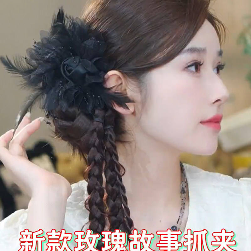 时尚黑色花朵复古火鸡毛鸵鸟玫瑰花抓夹新款后脑勺鲨鱼夹发夹发饰,饰品/流行首饰/时尚饰品新,发饰,淘宝优惠券,粉丝福利购,淘宝优惠卷