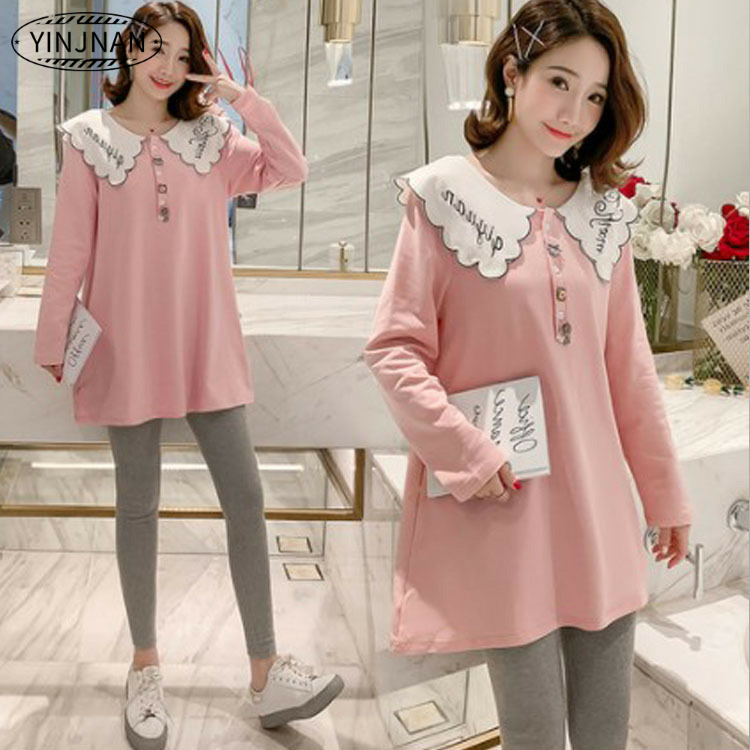 孕妇装上衣 2020秋季新款韩版潮妈 棉质娃娃领T恤 孕妇卫衣时尚春