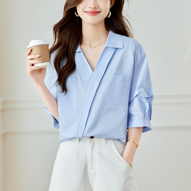 初影 蓝色衬衫女七分袖2026夏季新款上衣设计感小众气质v领衬衣