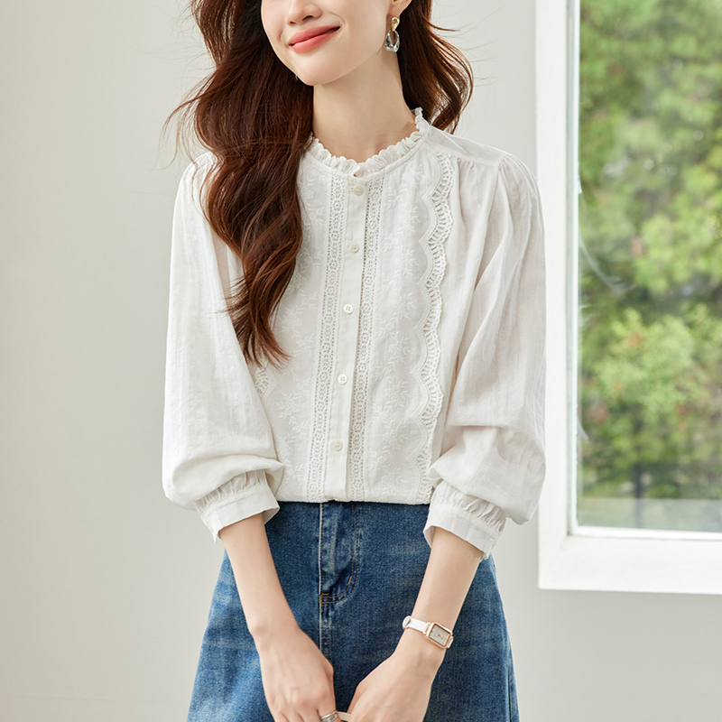 长袖纯棉衬衫初影蕾丝通勤H版