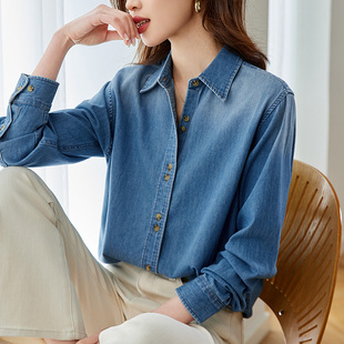 初影渐变蓝色牛仔衬衫女2025春秋装新款内搭叠穿上衣港风正肩衬衣